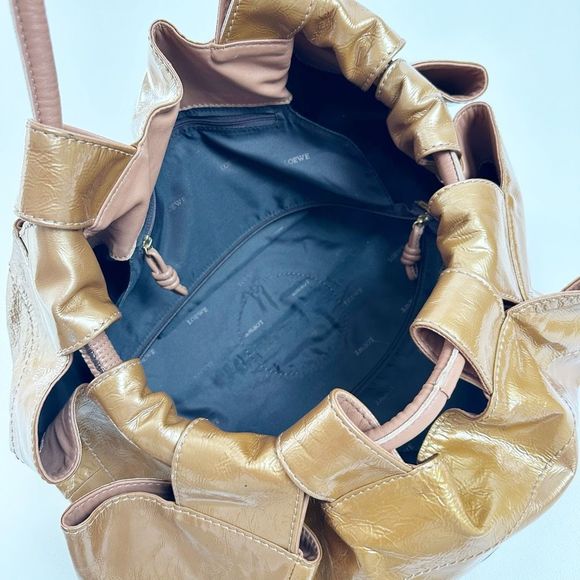 LOEWE Aire Bronze Gold Metallic Patent Leather Bag Medium Top Handle Crinkled - Picture 13 of 15